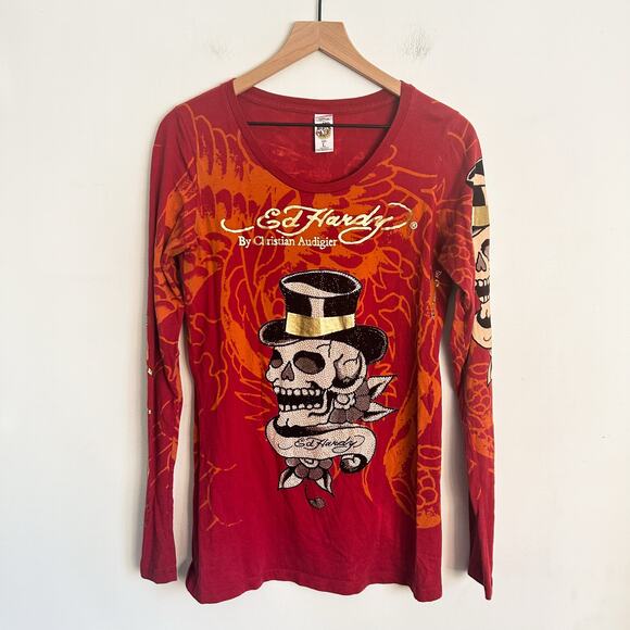 Ed Hardy Tops - Ed Hardy Jeweled Skull Long Sleeve Top Red Size L